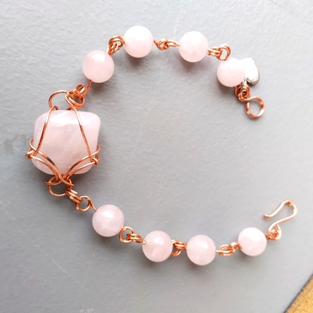 Rose Quartz Copper wire wrapped bracelet by OurForeverBond. 24.7 Grams​​